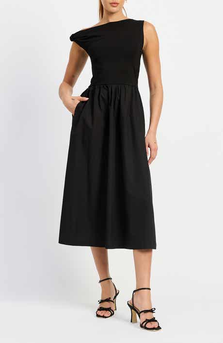 Mixed Media Asymmetric Neck Midi Dress