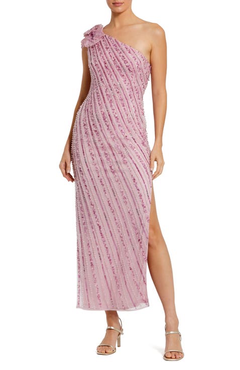 3D Flower Detail One Shoulder Beaded Mesh Gown