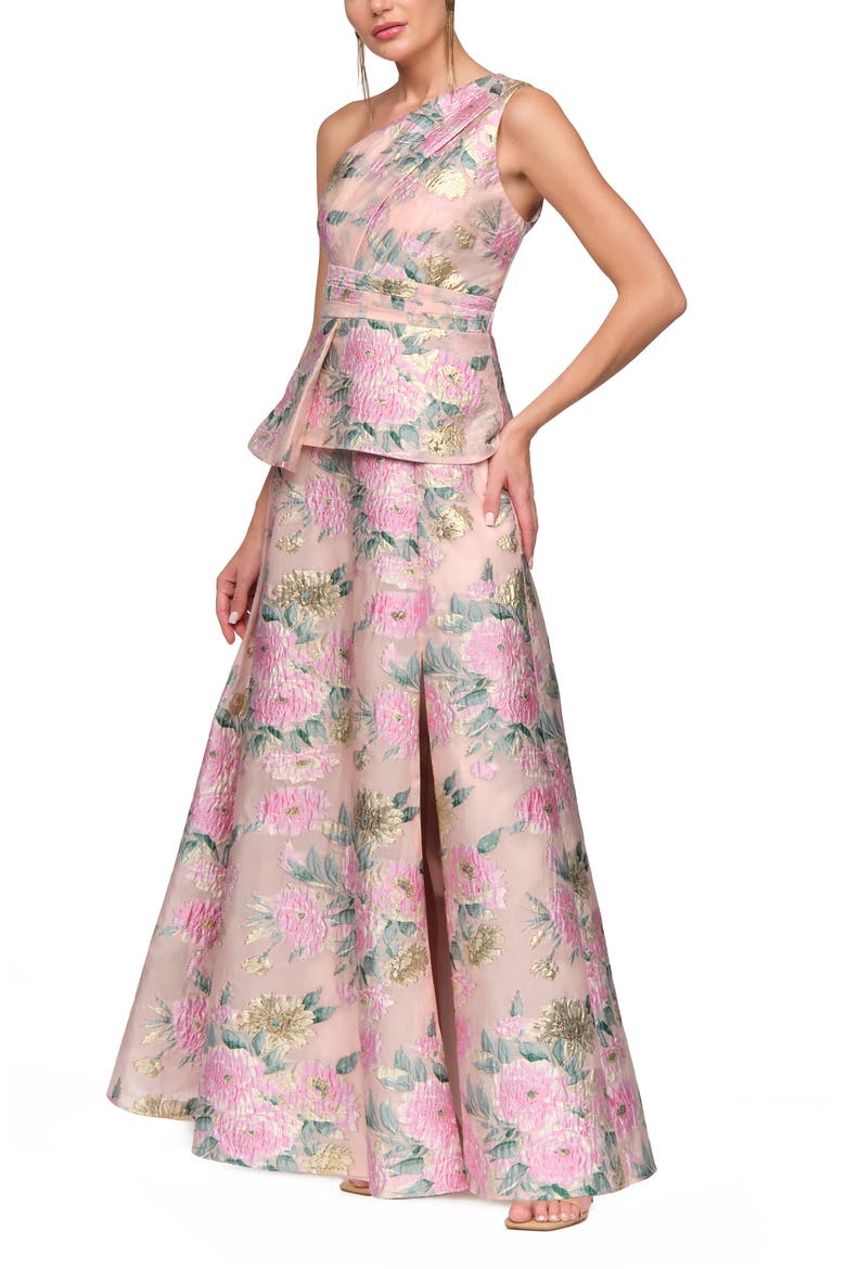 Mia One Shoulder Floral Metallic Jacquard Peplum Gown, Alternate, color, BLUSH MULTI