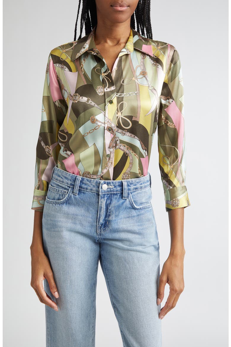 Dani Three Quarter Sleeve Silk Button-Up Shirt, Main, color, OLIVE MULTI BELT SWIRL