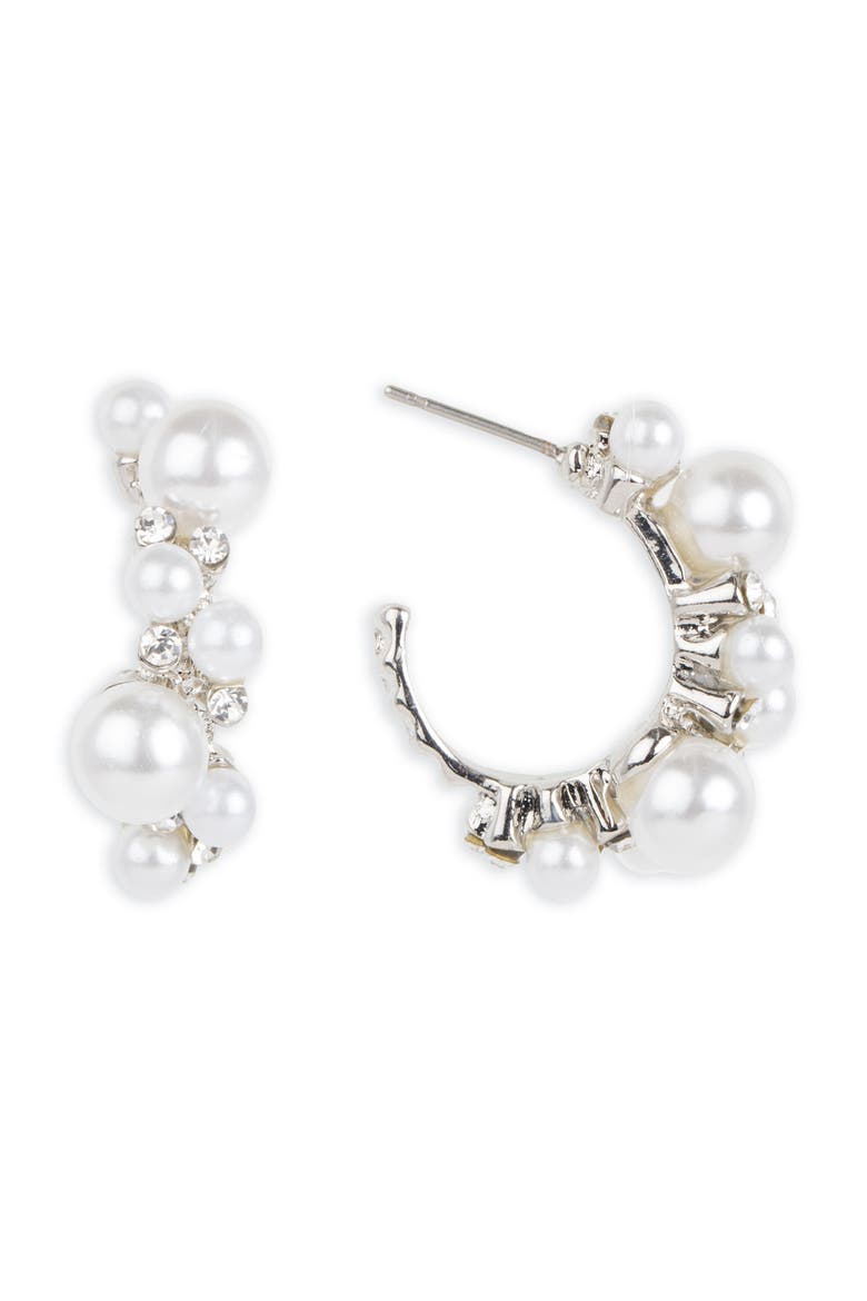 Mixed Pearl & Crystal Hoop Earrings, Main, color, SILVER