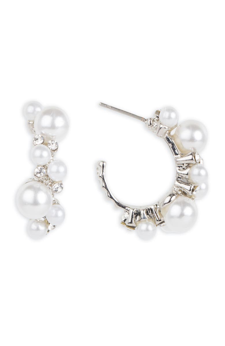 SAACHI Mixed Pearl & Crystal Hoop Earrings, Main, color, Silver