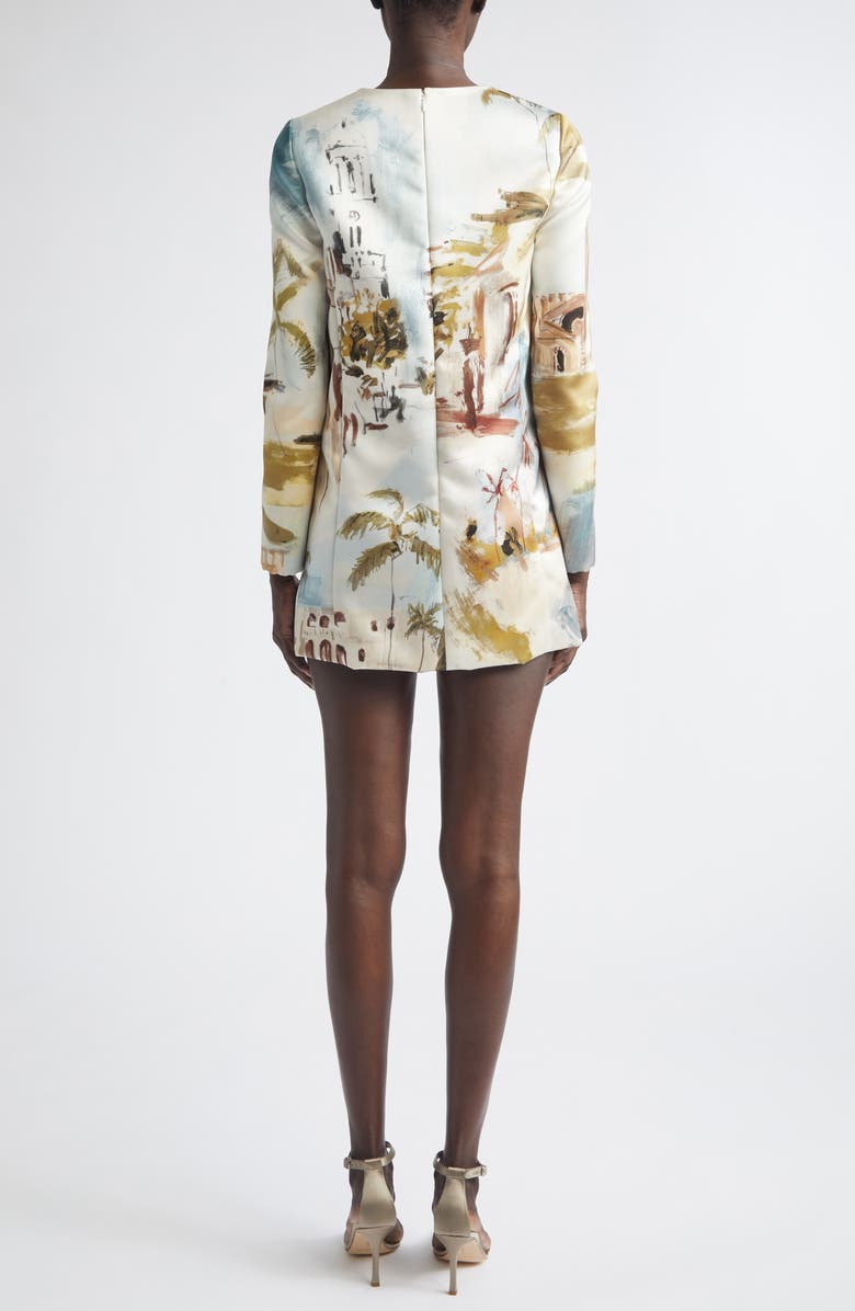 Oscar de la Renta Dominican Landscape Long Sleeve Minidress, Alternate, color, Blue Green Mult