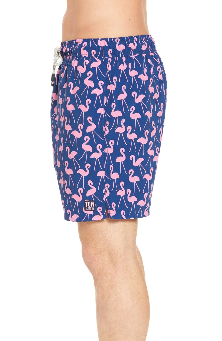 Tom & Teddy Flamingo Print Swim Trunks, Alternate, color, Rose & Blue