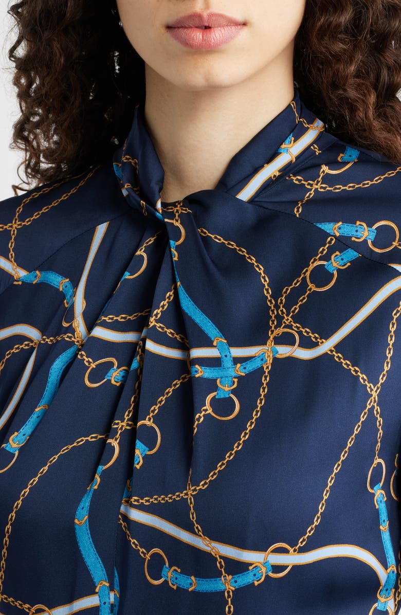 Elie Tahari The Raquel Placed Floral Long Sleeve Silk Blend Dress, Alternate, color, Denim Chain Print