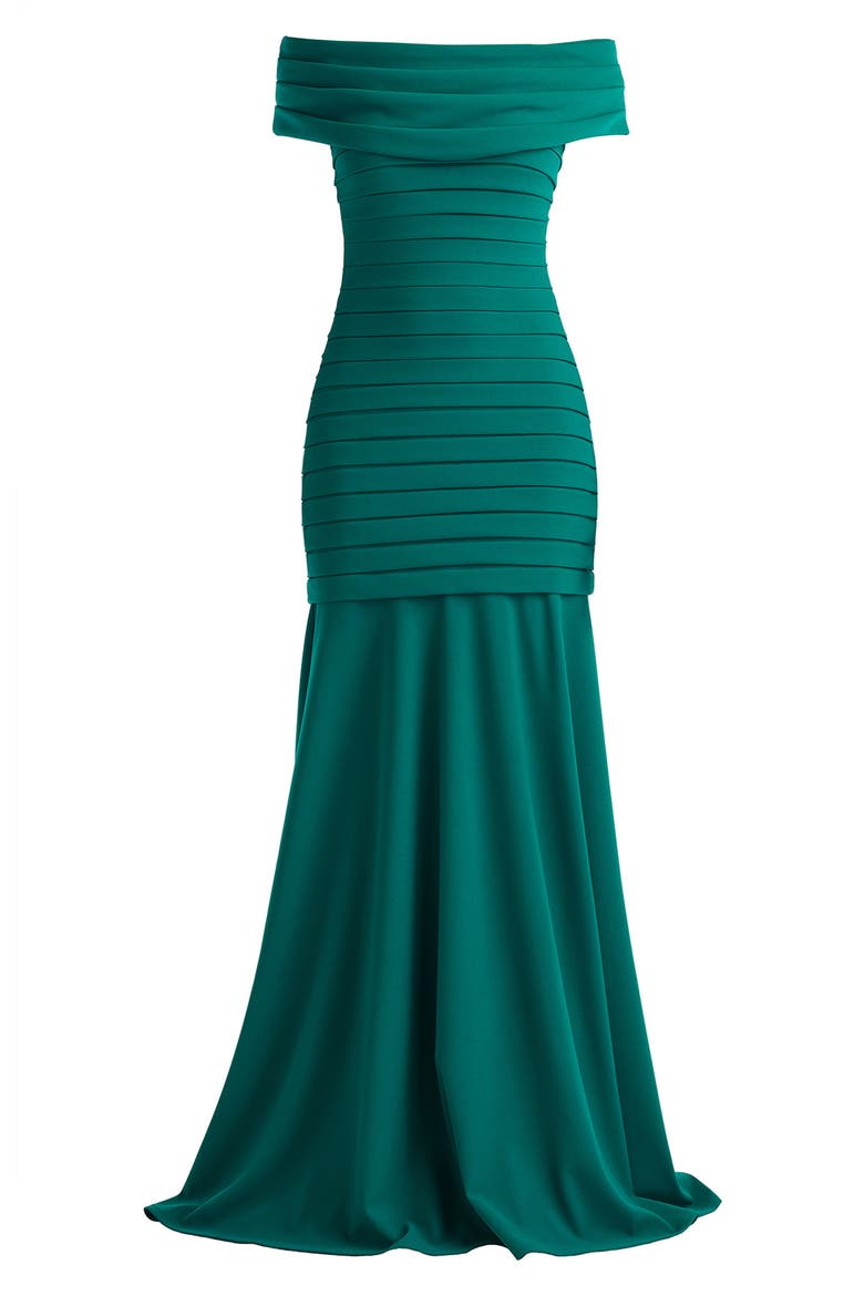 Pleated Off the Shoulder Mermaid Gown, Alternate, color, EMERALD