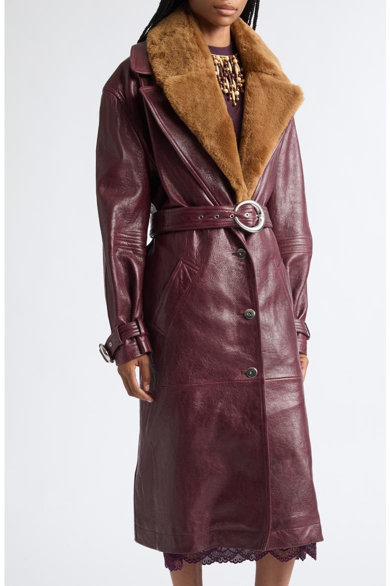 Genuine Shearling Trim Belted Leather Coat, Alternate, color, BURGUNDY