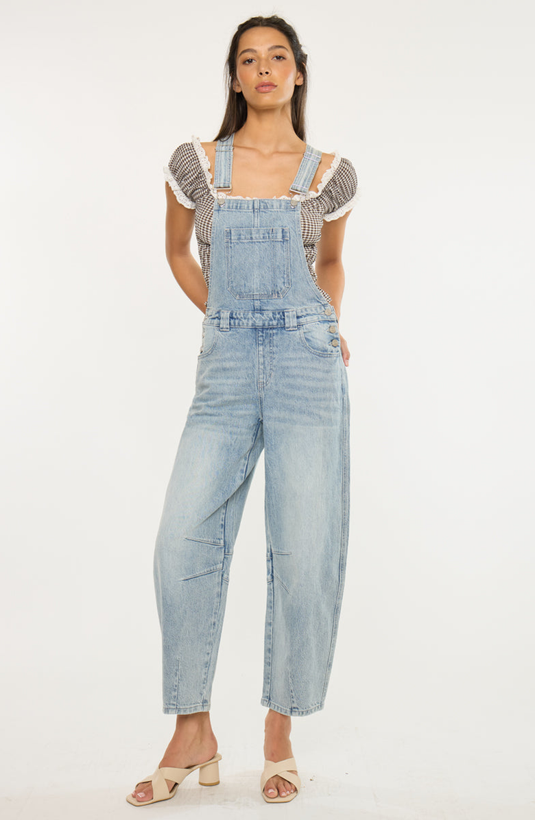 KanCan Aide Barrel Leg Denim Overalls, Alternate, color, Medium Light Wash