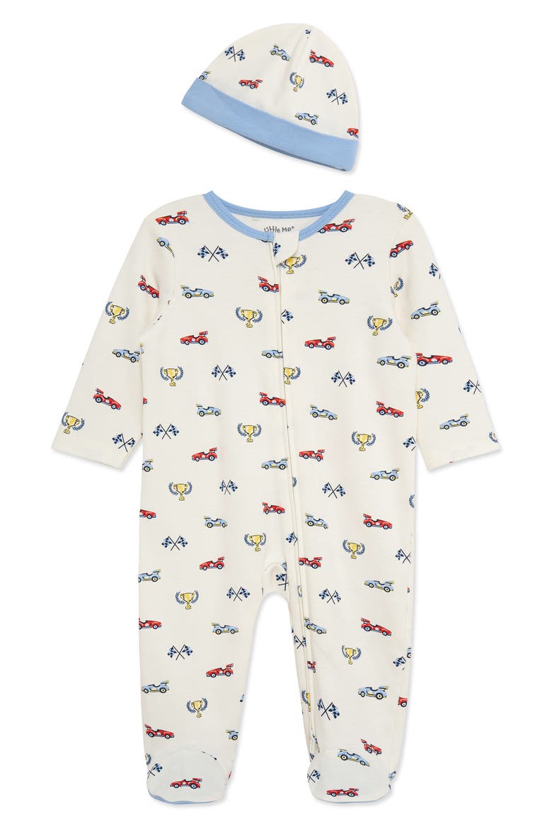 Racing Cotton Footie & Hat Set (Nordstrom Exclusive), Main, color, WHITE/ BLUE