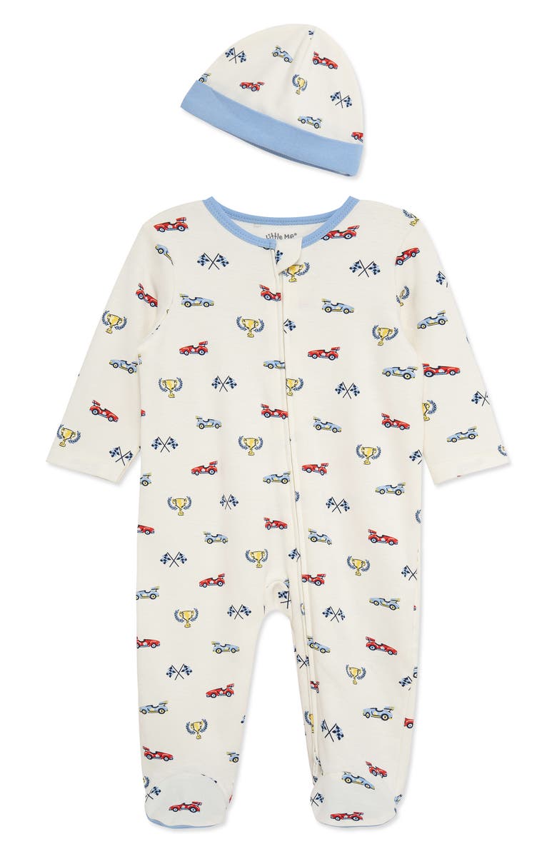 Little Me Racing Cotton Footie & Hat Set, Main, color, White/ Blue