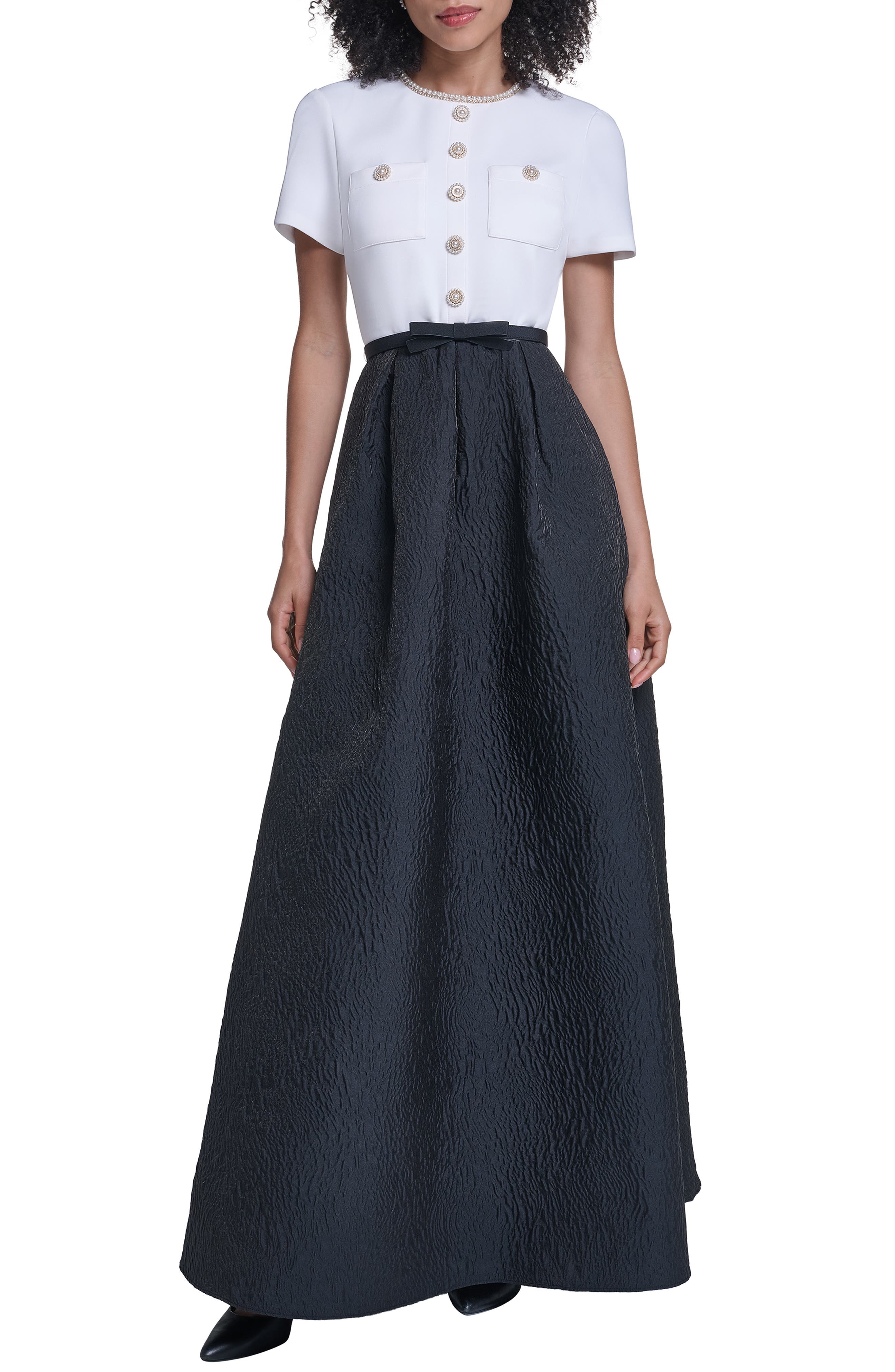 Karl Lagerfeld Paris Mixed Media Short Sleeve A-line Gown In Soft White Black