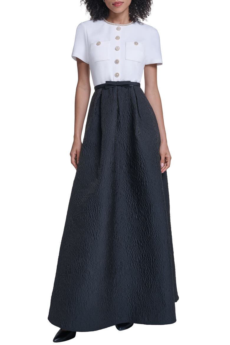 Mixed Media Short Sleeve A-Line Gown, Main, color, SOFT WHITE BLACK