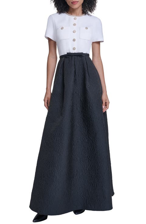 Mixed Media Short Sleeve A-Line Gown