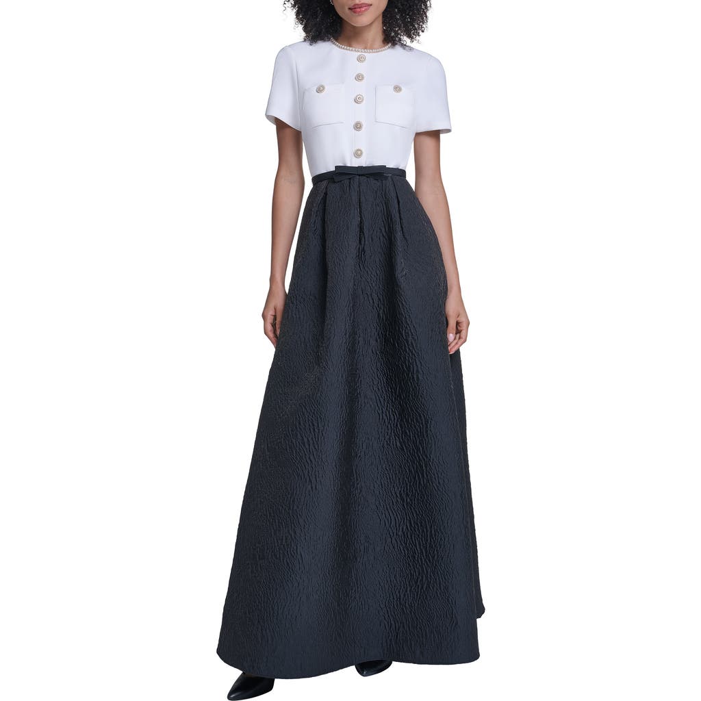 Karl Lagerfeld Paris Mixed Media Short Sleeve A-line Gown In Soft White Black