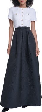 KARL LAGERFELD PARIS Mixed Media Short Sleeve A-Line Gown