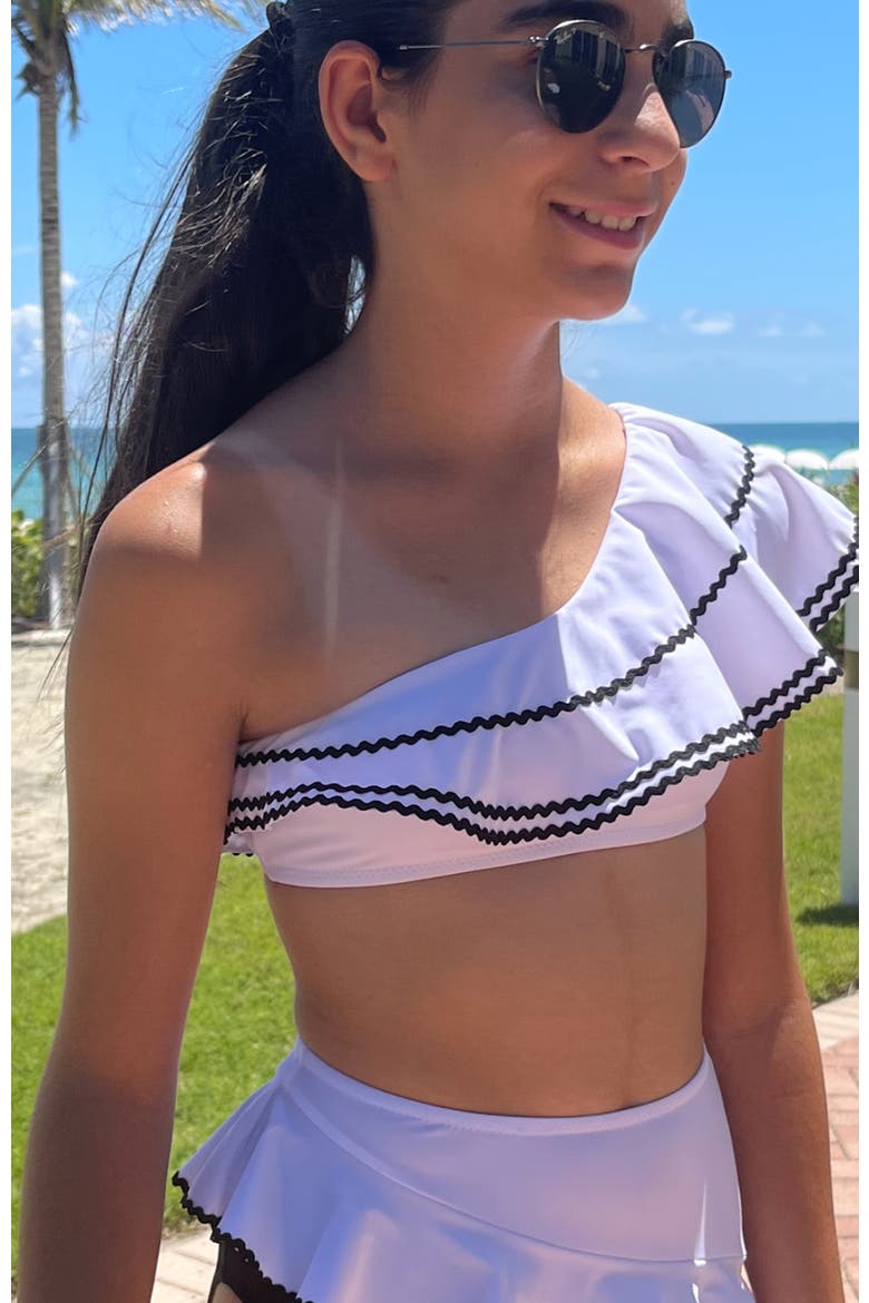Kids' Asymmetrical One-Shoulder Ruffled Two Piece Bikini, Alternate, color, White