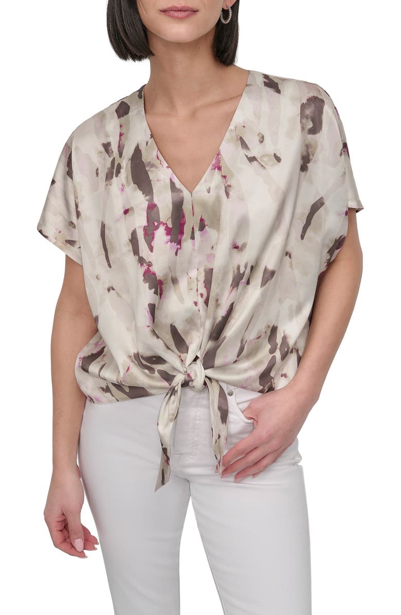DKNY Abstract Print Tie Front Top, Main, color, 