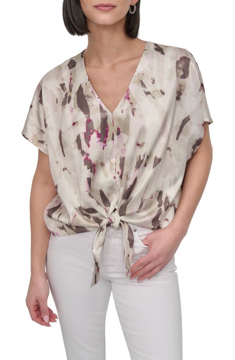 Abstract Print Tie Front Top