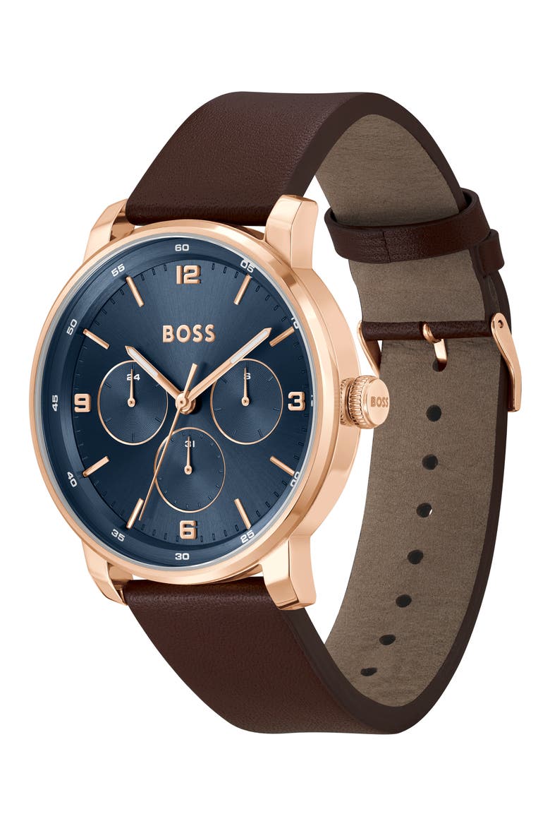 Contender Leather Strap Watch, 44mm, Alternate, color, BLUE DIAL