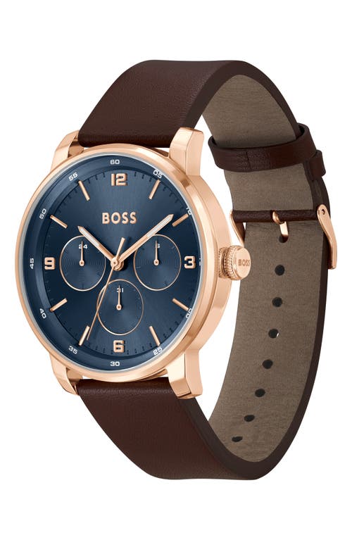 Hugo Boss Men's Contender Quartz Multifunction Brown Leather Watch 44mm In Blue
