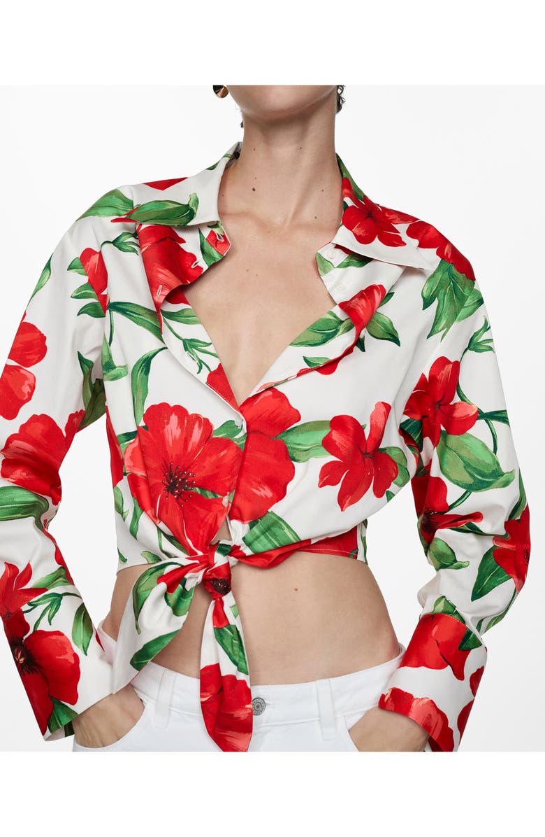 MANGO Floral Tie Front Crop Button-Up Shirt, Main, color, 