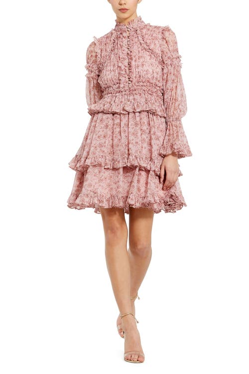 Mac Duggal Long Sleeve Open Front High Neck Ruffle Mini Dress In Cinnamon