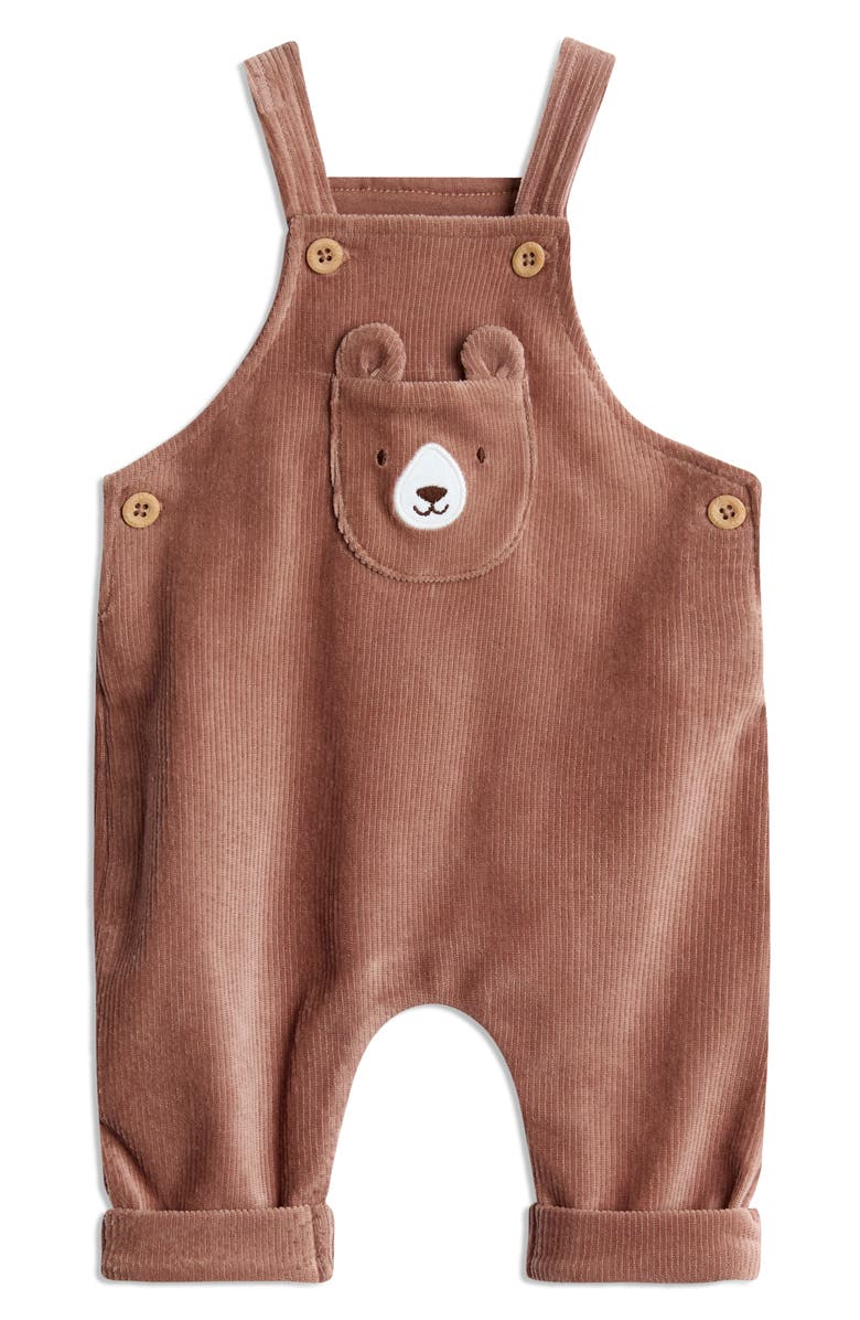JOJO MAMAN BEBE Stripe Long Sleeve Bodysuit & Bear Appliqué Overalls Set, Alternate, color, Brown