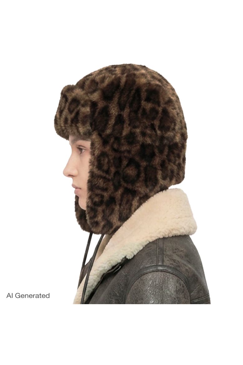 Faux Fur Trapper Hat with Polyurethane Ties, Alternate, color, Leopard