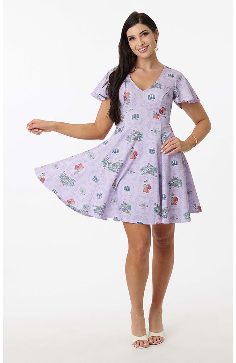 Unique Vintage 1950s Poppy Flare Dress, Main, color, Lavendar Disney Print