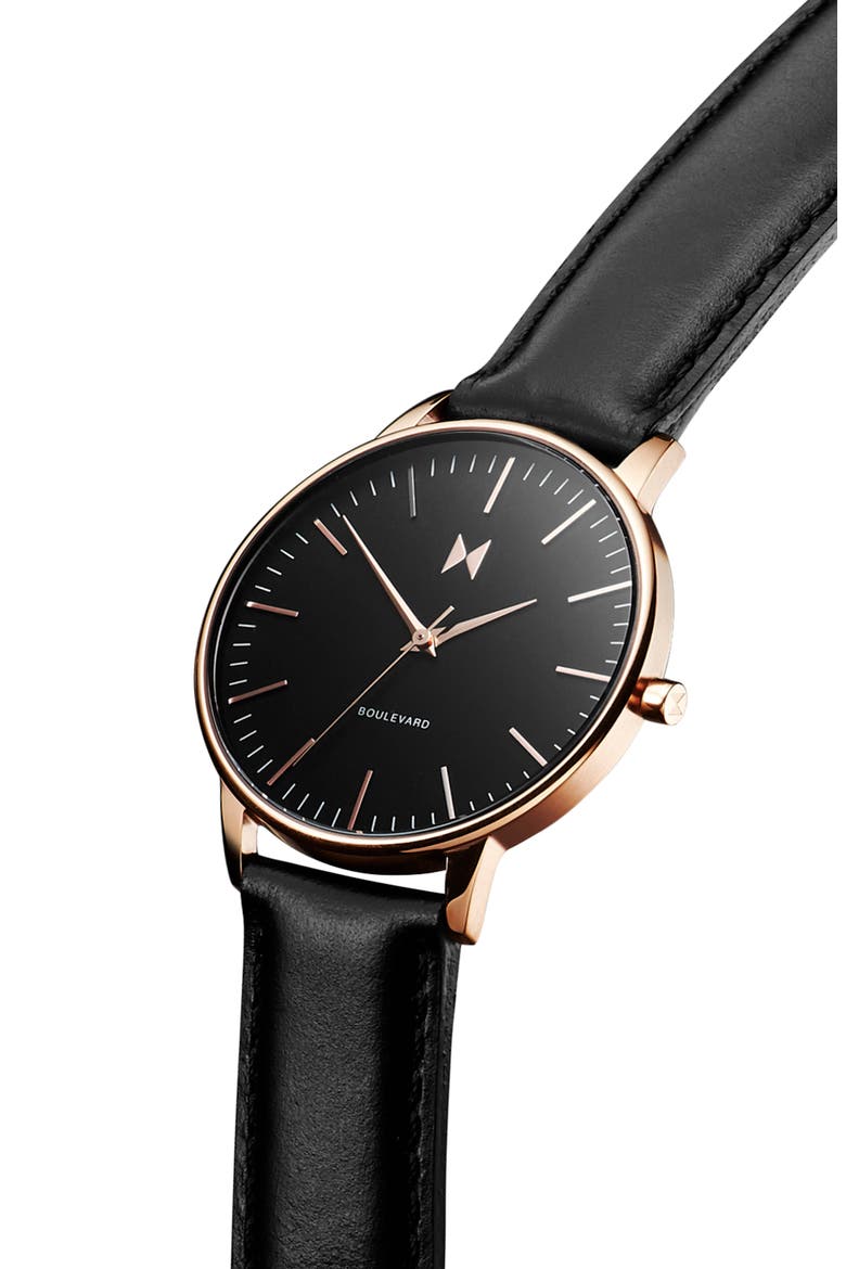 MVMT Boulevard Leather Strap Watch, 38mm, Alternate, color, BLACK/ ROSE GOLD