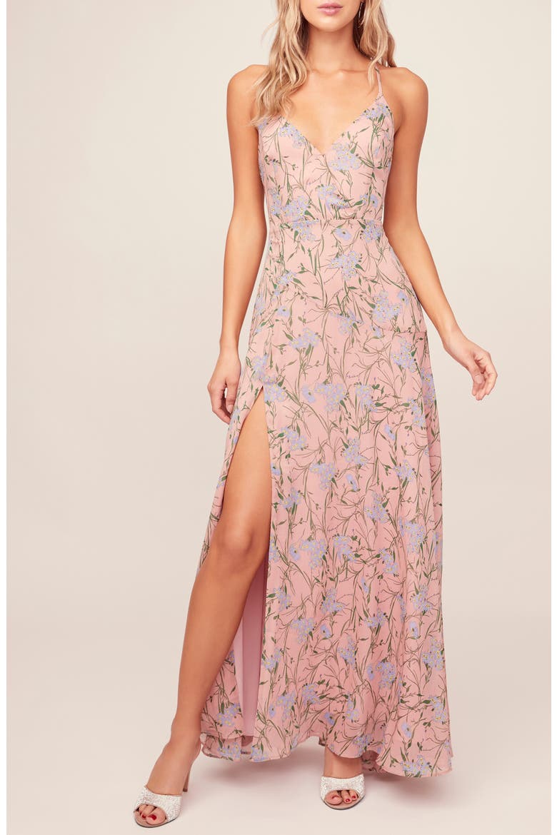 the Label Pandora High Slit Floral Print Maxi Sundress, Alternate, color, PINK-BLUE FLORAL