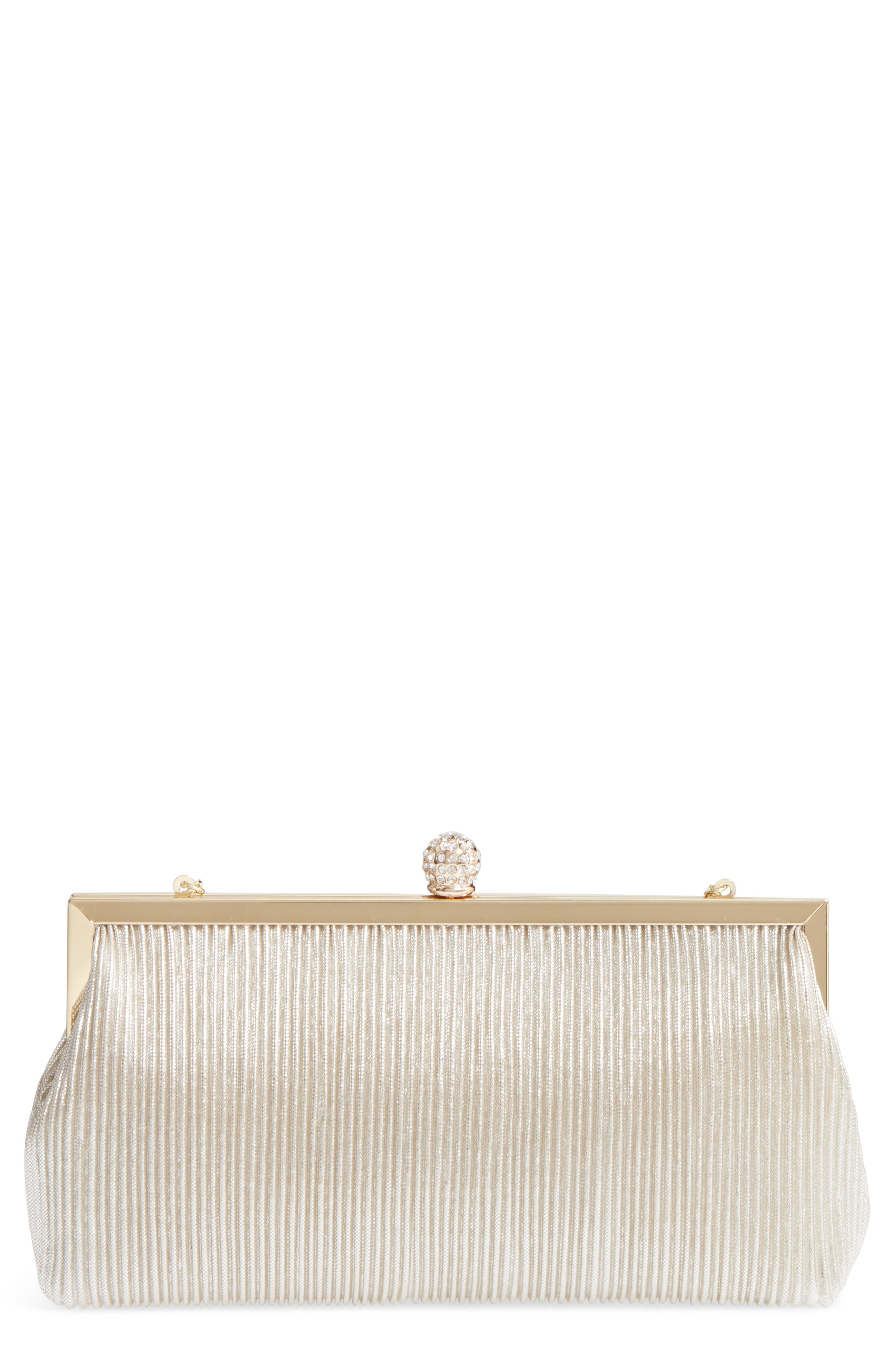 Nina Aneka Pleated Shine Clutch, Main, color, Champagne