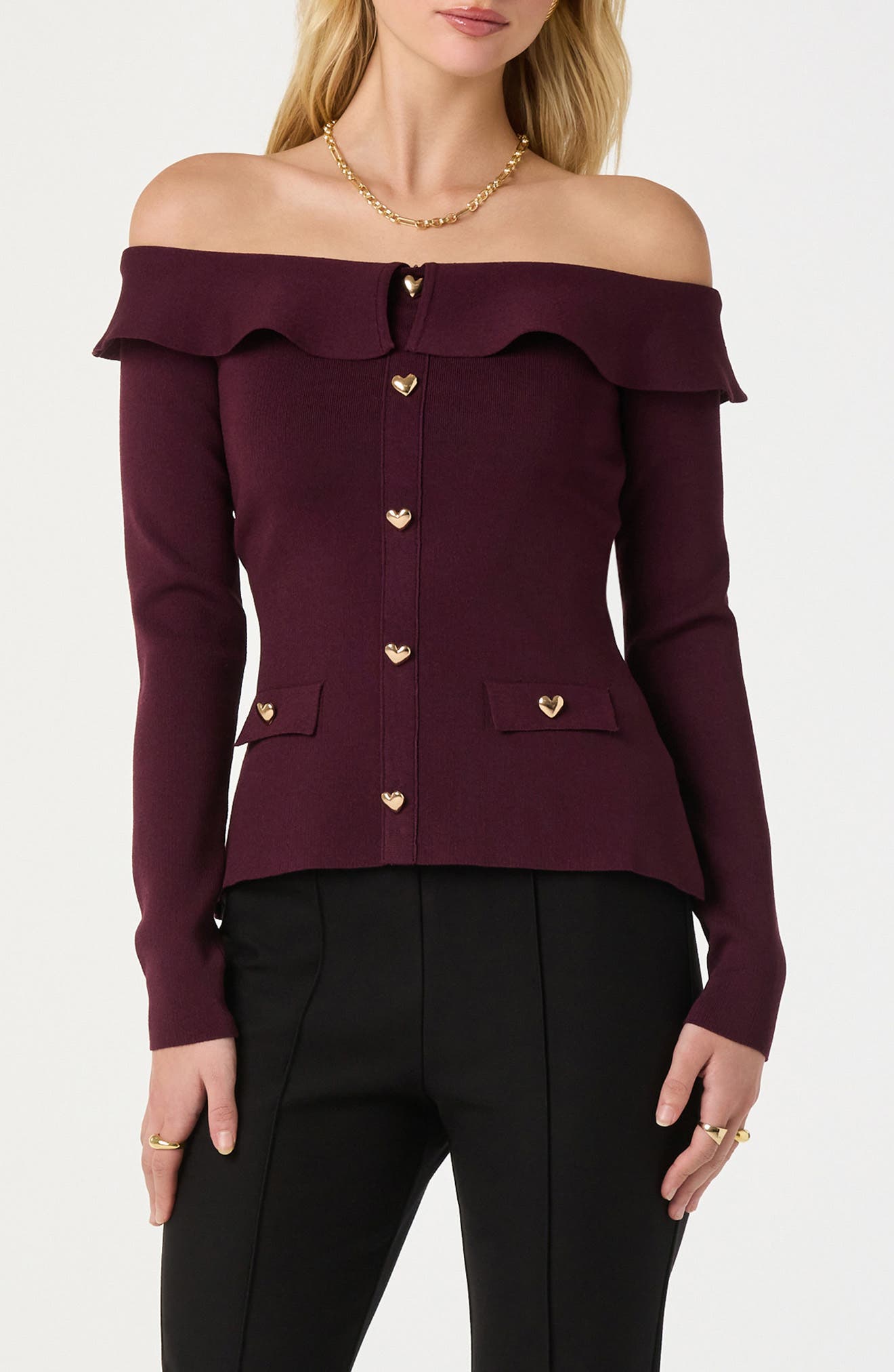 ASTR the Label Heart Button Off the Shoulder Sweater