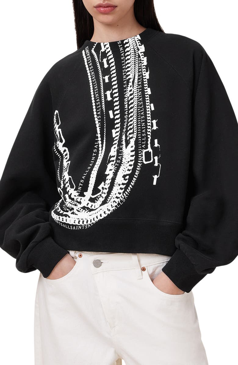 AllSaints Metallo Dana Back Zip Graphic Sweatshirt, Main, color, 