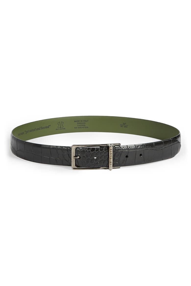 Calgary Croc Embossed Leather Belt, Main, color, BLACK