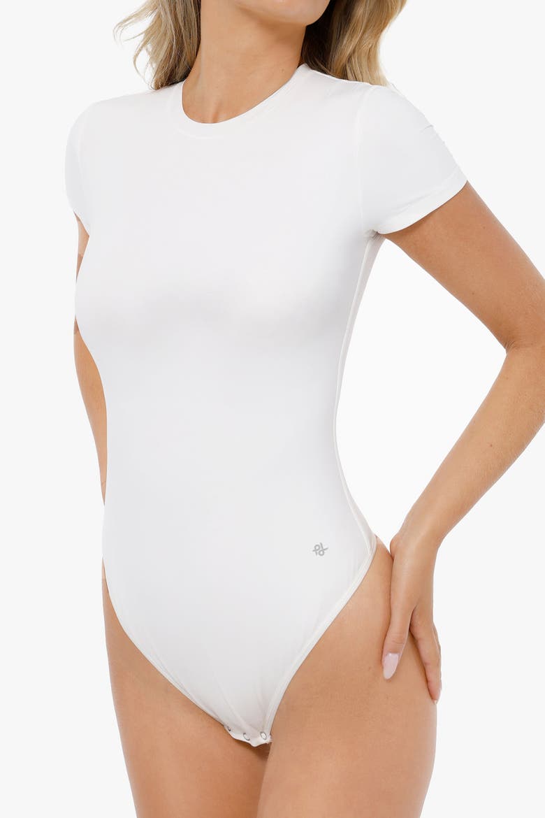 CloudSense Short Sleeve Crew Neck Tummy Control Shapewear Bodysuit, Alternate, color, White