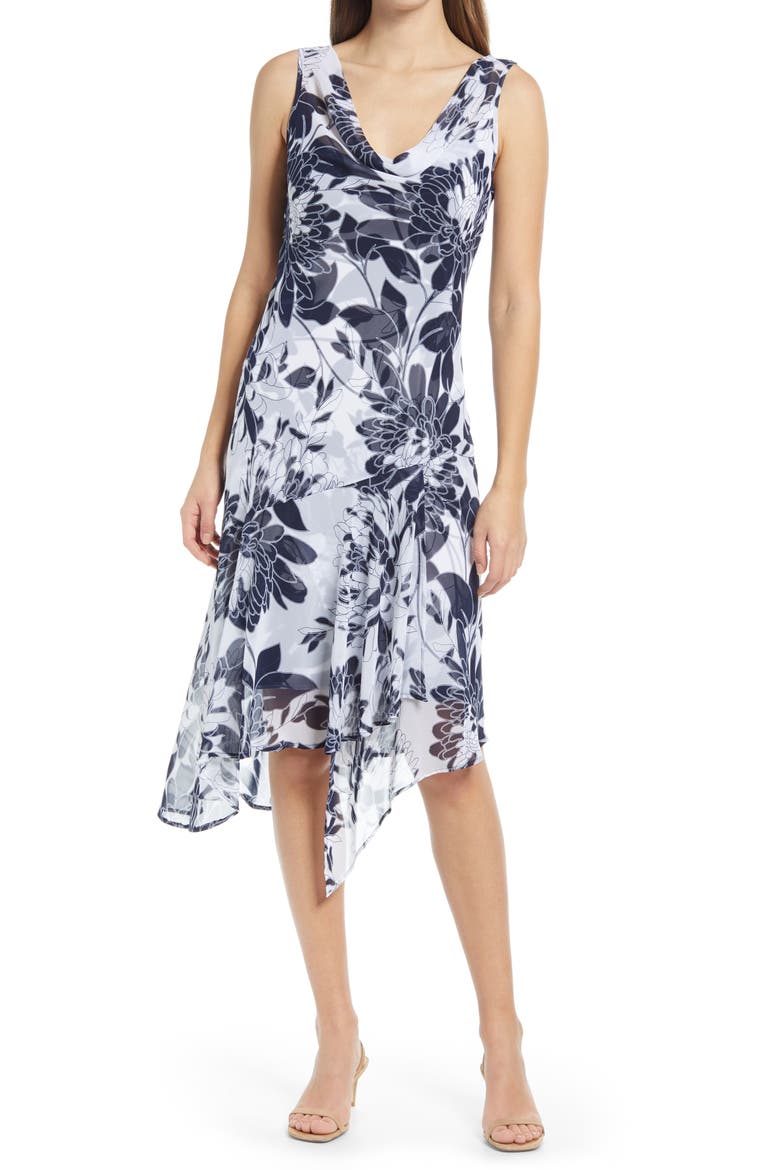 Floral Print Chiffon Asymmetrical Hem Dress, Main, color, NAVY