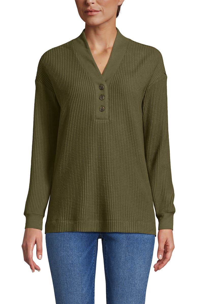 Lands' End Long Sleeve Waffle Shawl Collar Henley, Main, color, Olive Drab