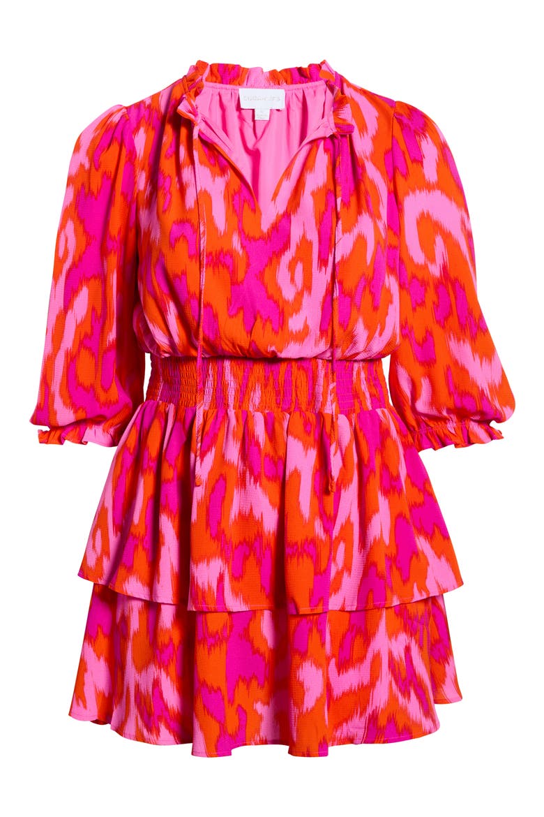 Charly Starla Puff Sleeve Tiered Dress, Alternate, color, ORANGE FUCHSIA MULTI