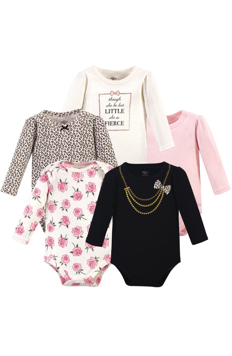 Little Treasure Essential 5-Pack Long-Sleeve Bodysuits, Main, color, Leopard Necklace