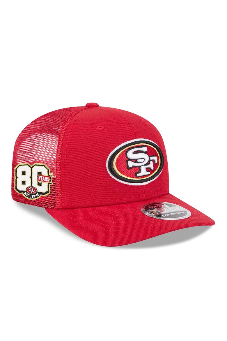 Men's New Era Scarlet San Francisco 49ers 80th Anniversary Side Patch 9SEVENTY Trucker Adjustable Hat, Main, color, Scarlet