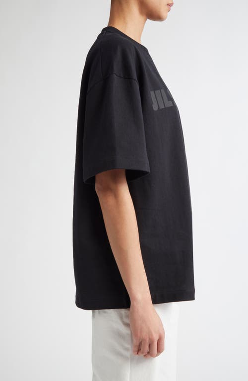 Jil Sander Round Neck Black Cotton T-shirt With Tonal Logo Print In Black