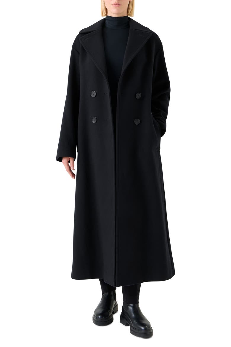 Double Breasted Belted Wool Blend Coat, Alternate, color, BLACK