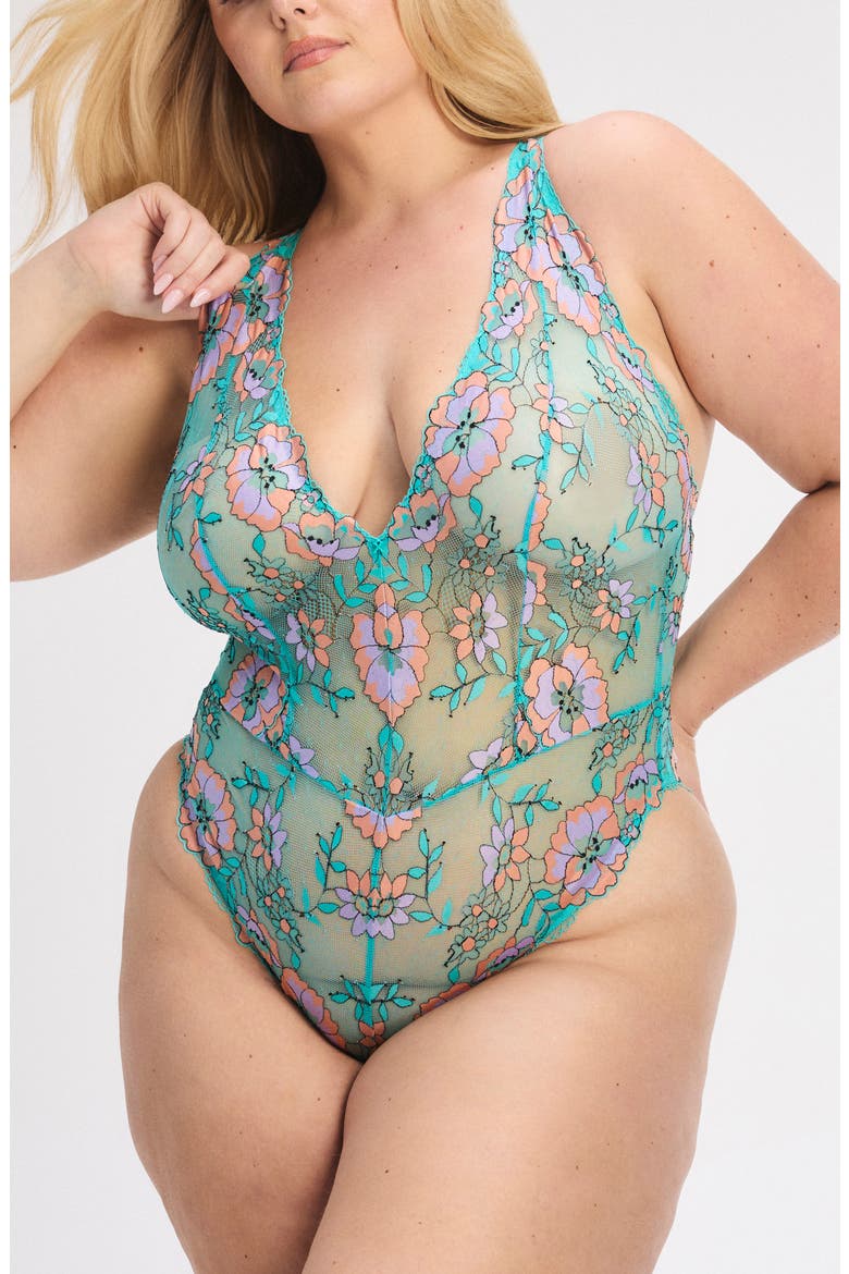 Floral Trip Lace Teddy, Alternate, color, TEAL THUNDER
