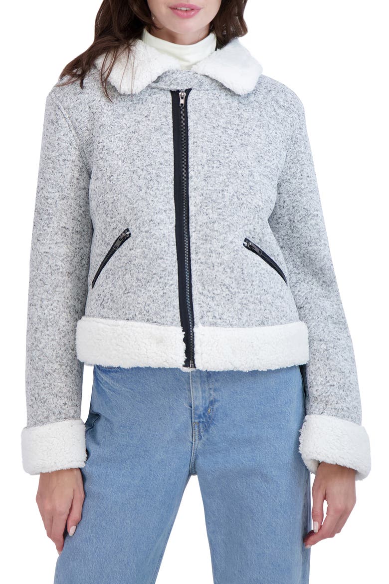 Faux Shearling Sweater Moto Jacket, Main, color, HEATHER GREY