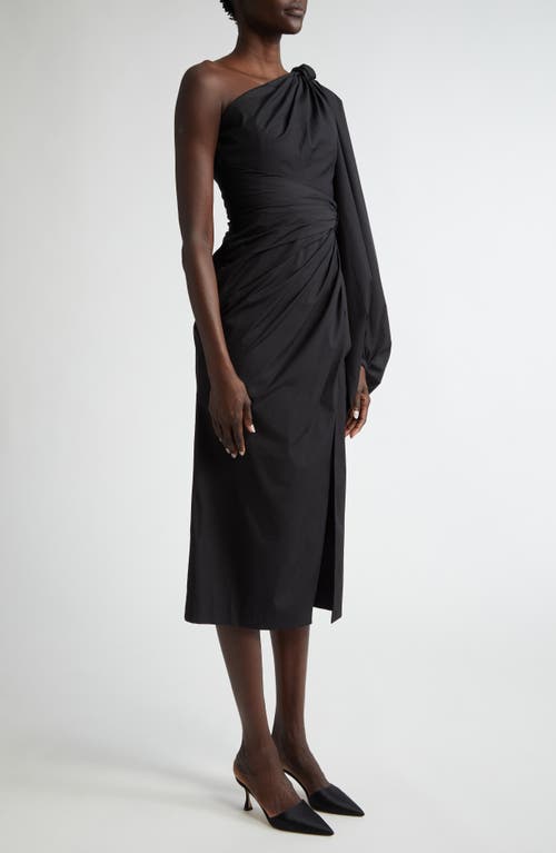 Shop Carolina Herrera One-shoulder Balloon Sleeve Stretch Cotton Midi Dress In Black