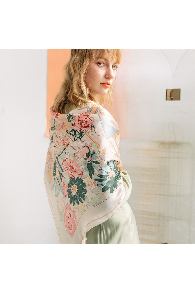 "Vintage Blooms" Large Silk Square Scarf, Alternate, color, Champagne