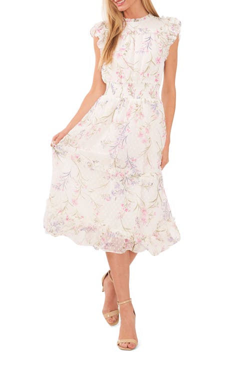 Floral Clip Dot Smocked Ruffle Midi Dress