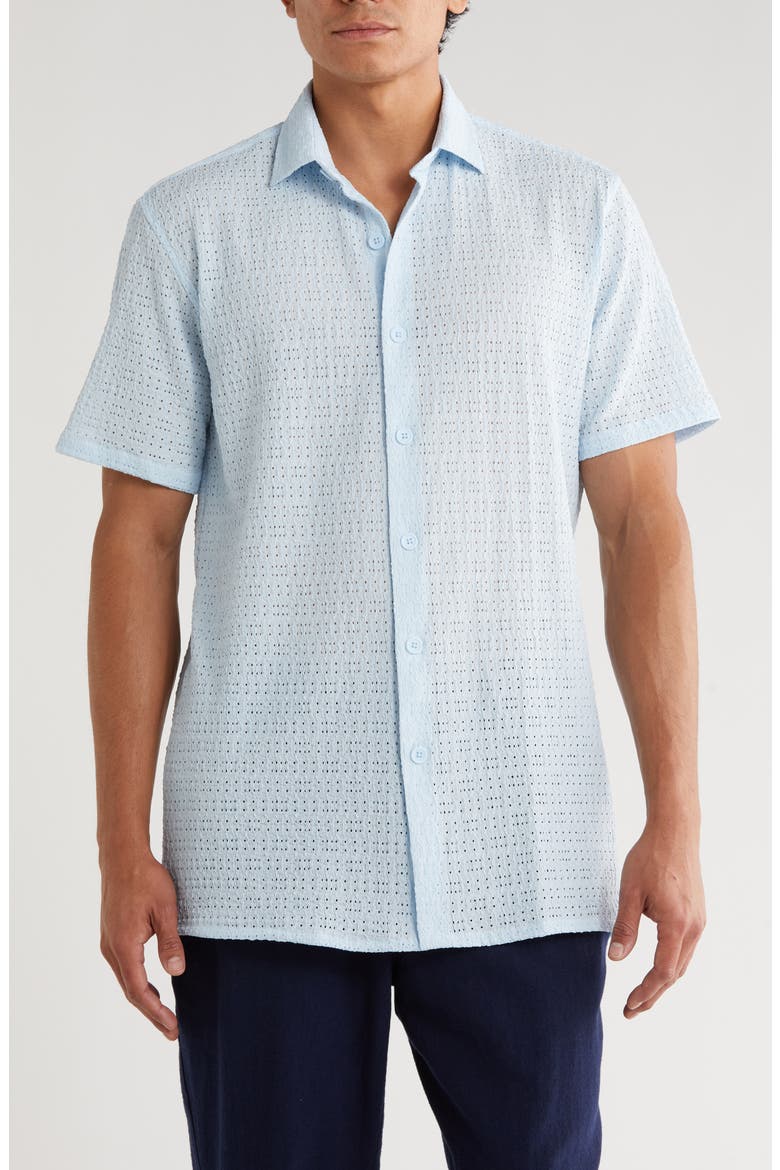 Textured Knit Short Sleeve Button-Up Shirt, Main, color, BLUE