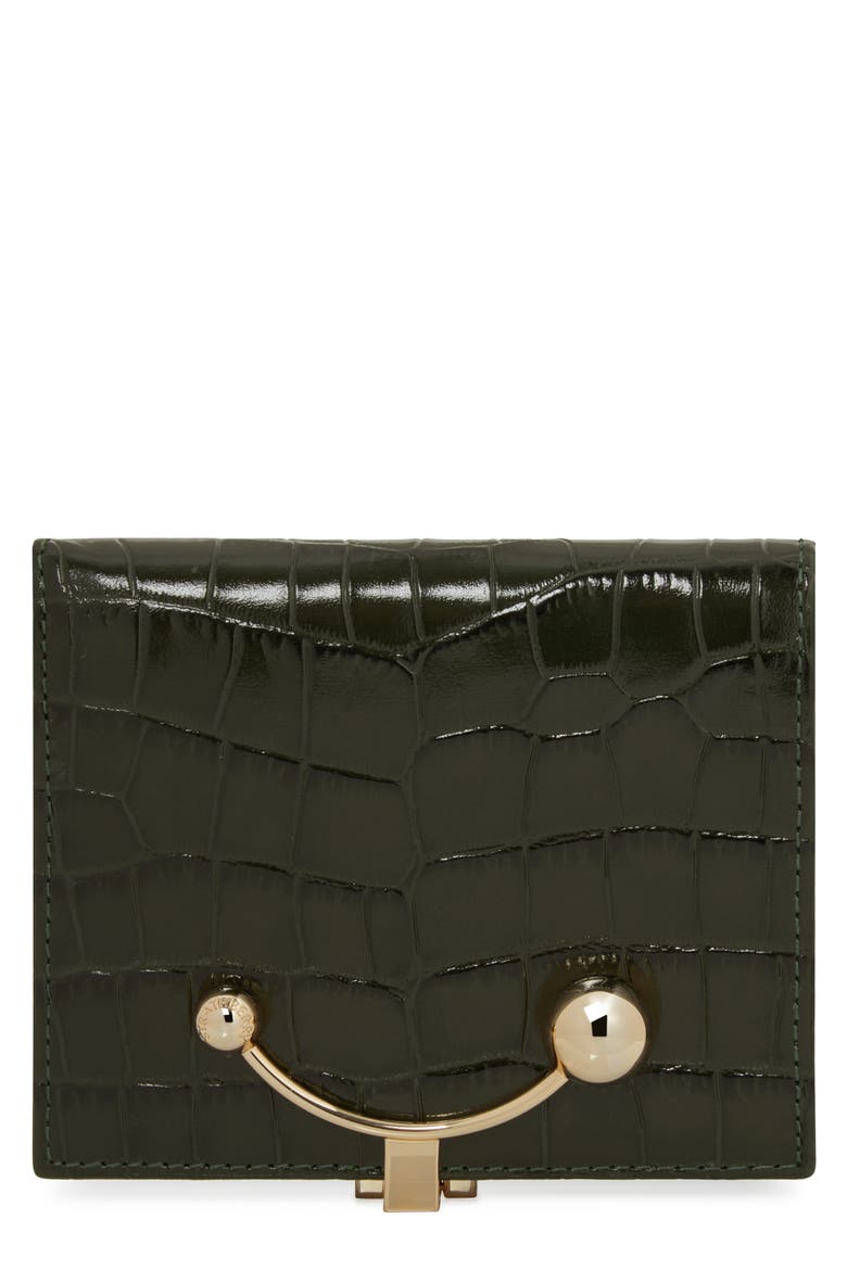 Crescent Croc Embossed Patent Leather Bifold Wallet, Main, color, FOREST
